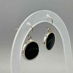Sterling Silver and Black Onyx Artisan Dangle Circle Earrings Boho TESTED